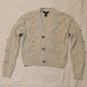 Cable Knit Cardigan with Floral Accents